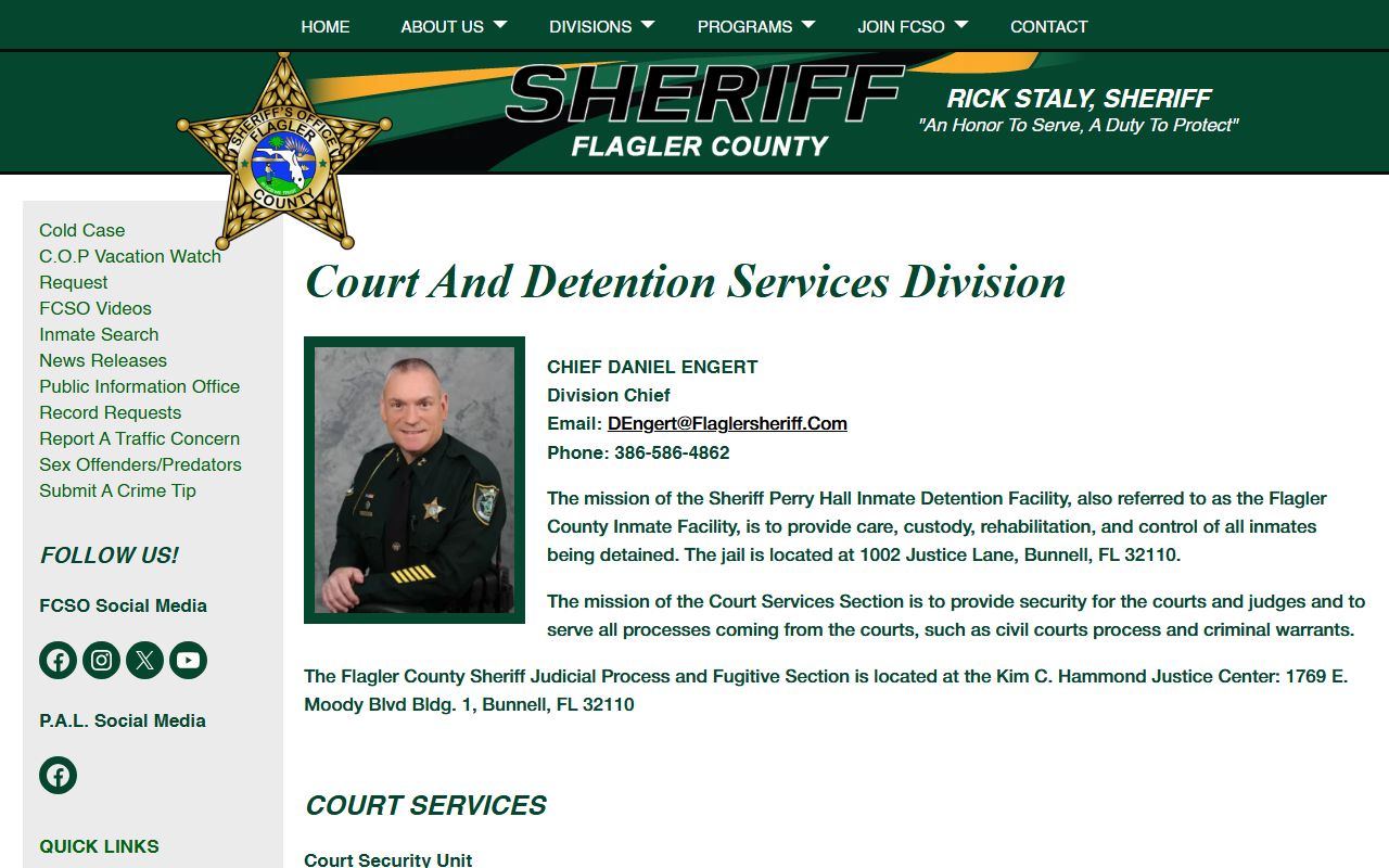 Flagler County Court and Detention Services page describing the jail that holds the county inmate population