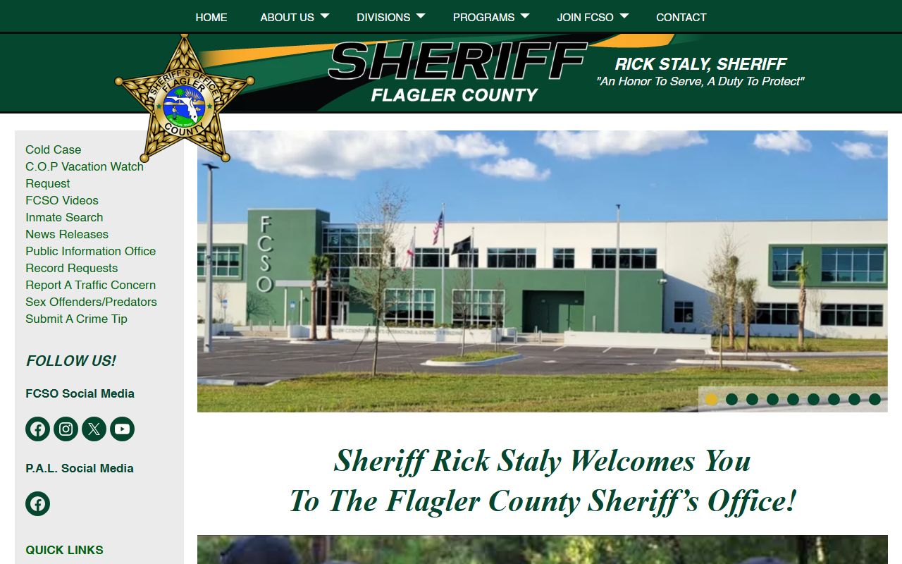 Flagler County Sheriff's Office homepage with quick links to the inmate search and the jail roster