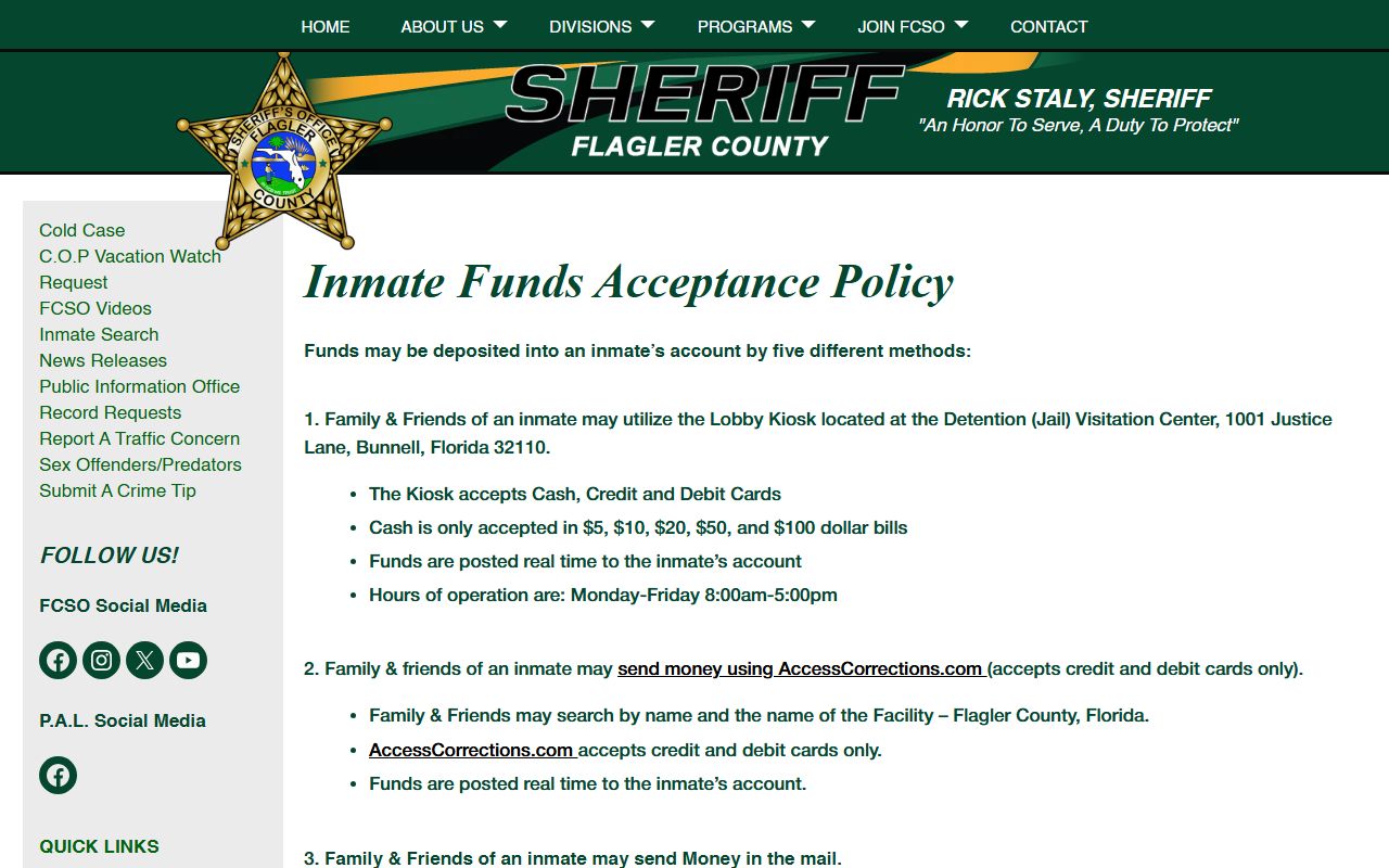 Flagler County inmate funds page listing money deposit options for Sheriff Perry Hall Detention Facility