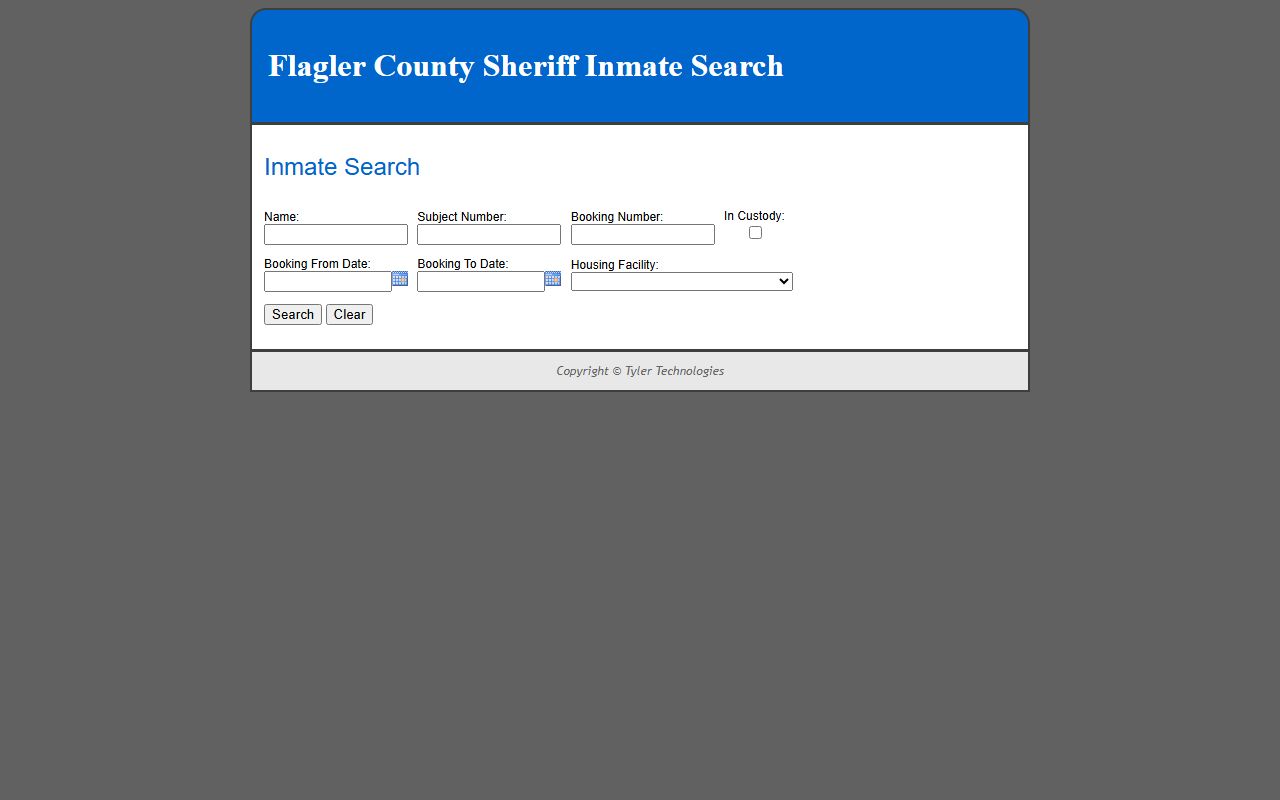 Flagler County Sheriff inmate search form for looking up jail roster records
