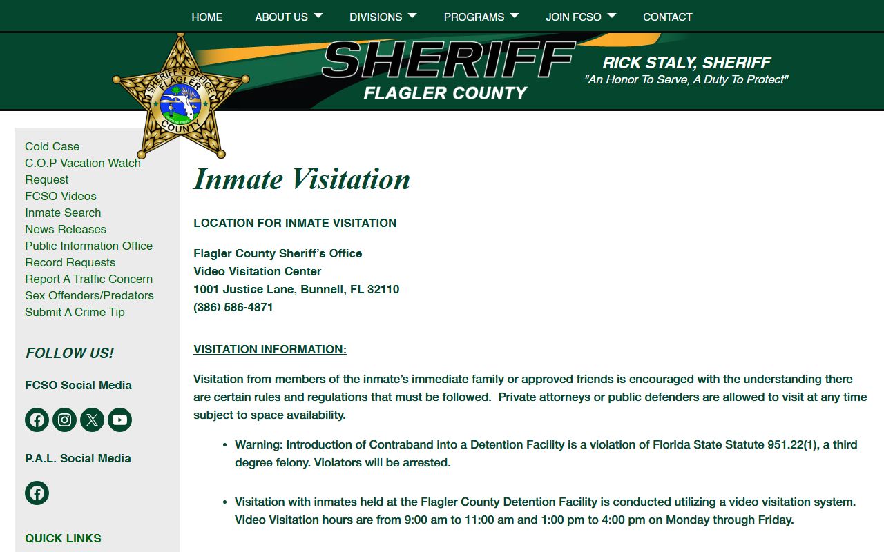 Flagler County jail video visitation page with schedule and rules for visiting inmates
