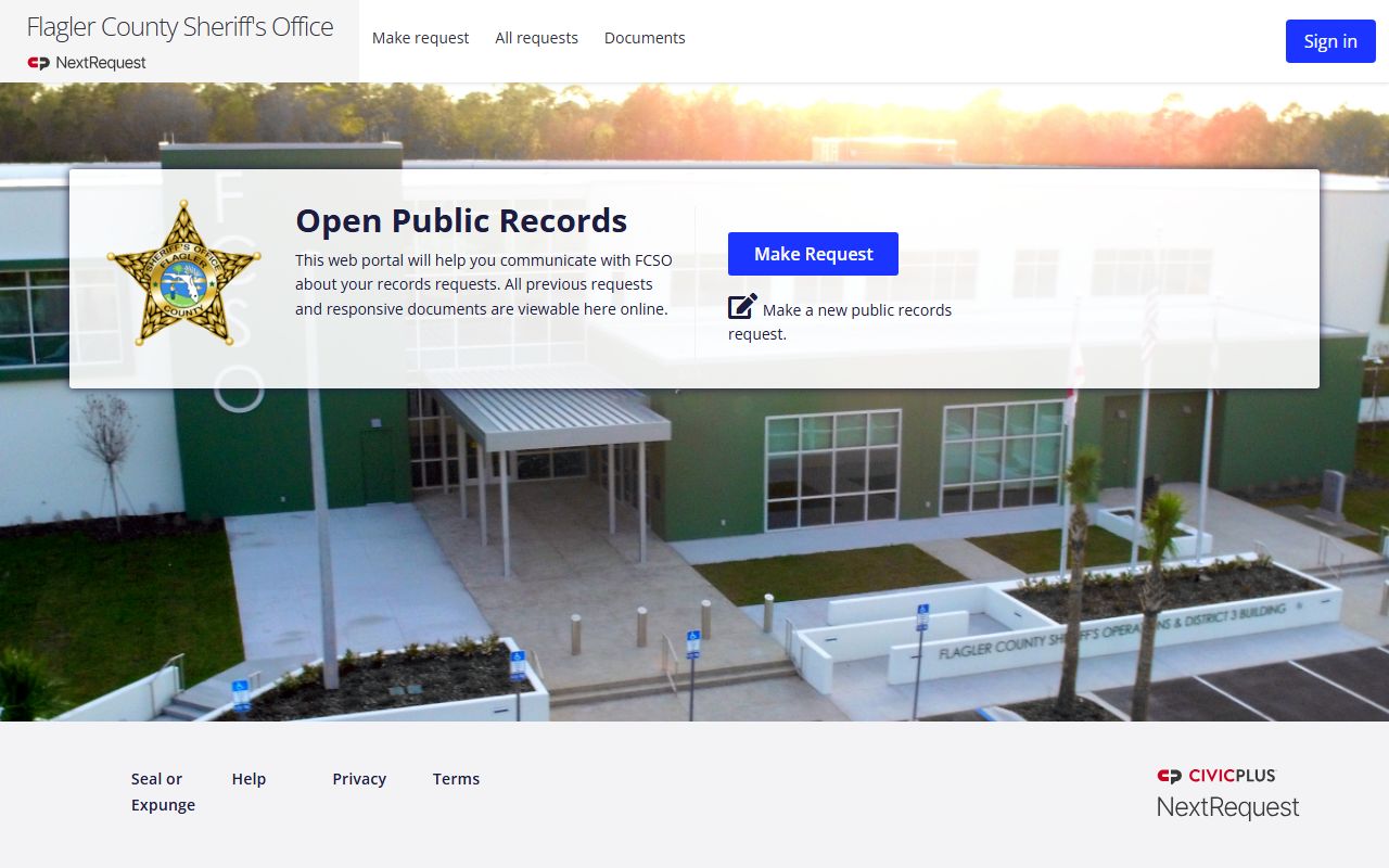 Flagler County Sheriff NextRequest portal for requesting a booking photo or jail record